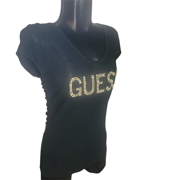 Guess Black Tshirt With Beaded Logo Front L - Picture 2 of 5